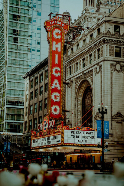 The iconic Chicago Theatre glowing in the downtown evening, Chicago, Illinois, United States