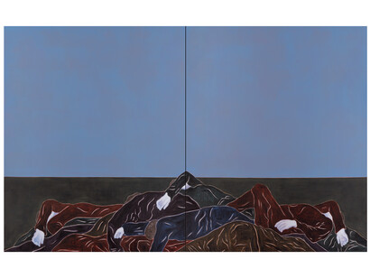 Djamel Tatah, Untitled, 2014, oil and wax on canvas, 98.43h x 157.48w inches (each panel 98.43h x 78.74w inches). Courtesy of the artist and Bienvenu Steinberg & J