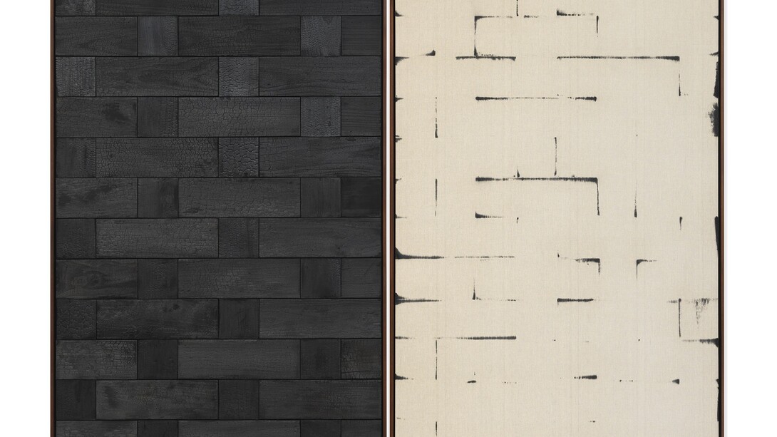 Davide Balula, Burnt Painting, Imprint of the Burnt Painting (A —-—-), 2015, Charred wood, coal dust on linen, Each panel: 217.2 x 125.7 cm / 85 1/2 x 49 1/2 ins