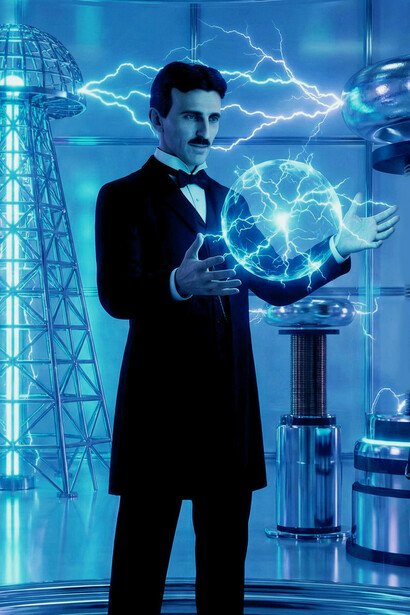 Nikola Tesla: Master of Lightning, depicted in an AI-generated image