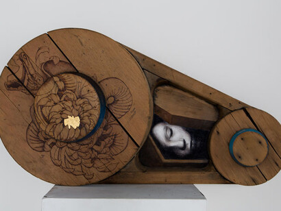 Répartie In Art-Eduardo Pola, Serpiente Resguardando Perla (Serpent Guarding the Golden Pearl), 18" x 33" x 9", Oil and Pyrogravure on Wood
