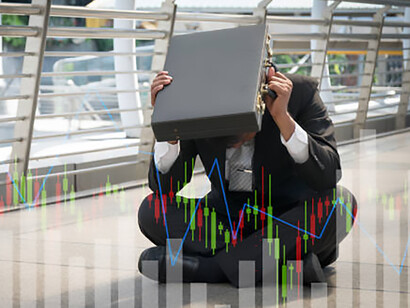 A frustrated businessman stands amid a collapsing stock market, reflecting the broader economic crisis, global financial turmoil, and systemic corruption