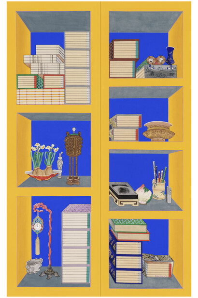 Chae Won Kim, Scholars' Bookshelves and Stationary (Chaekgado), 46x14 inches. Courtesy of Kate Oh Gallery