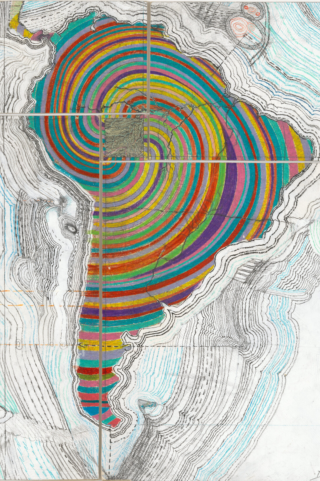 Juan Downey. Map of America. 1975. Colored pencil, pencil, and synthetic polymer paint on map on board. The Museum of Modern Art, New York. Purchased with funds provided by the Latin American and Caribbean Fund and Donald B. Marron. © 2015 Juan Downey / Artists Rights Society (ARS), New York.