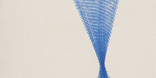 Jeremy Adler, Blue Whirl, 1974.Typewriting on paper, mounted on cardstock, 7 x 5 inches. Collection of Pérez Art Museum Miami, acquired from the Sackner Archive of Concrete and Visual Poetry, with support from the John S. and James L. Knight Foundation. Photo: Sid Hoeltzell