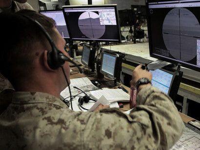 Marines with Marine Air Ground Task Force-5, a collection of units led by the 5th Marine Regiment, participate in a combined arms staff training exercise at the Marine Air Ground Combat Center in Twentynine Palms, California, on February 13, 2016