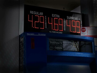 Prices of gas per gallon at a gas pump, ever-increasing