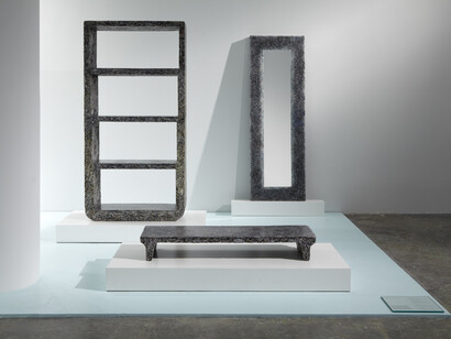Installation view, Shredded Low Table, Shredded Library and Shredded Mirror