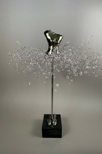 Estella Fransbergen, EF 22301, Clay - high fired, shortie with pink glass and crystal with shoes, base- black marble with stainless steel pole, 25x18x18 in