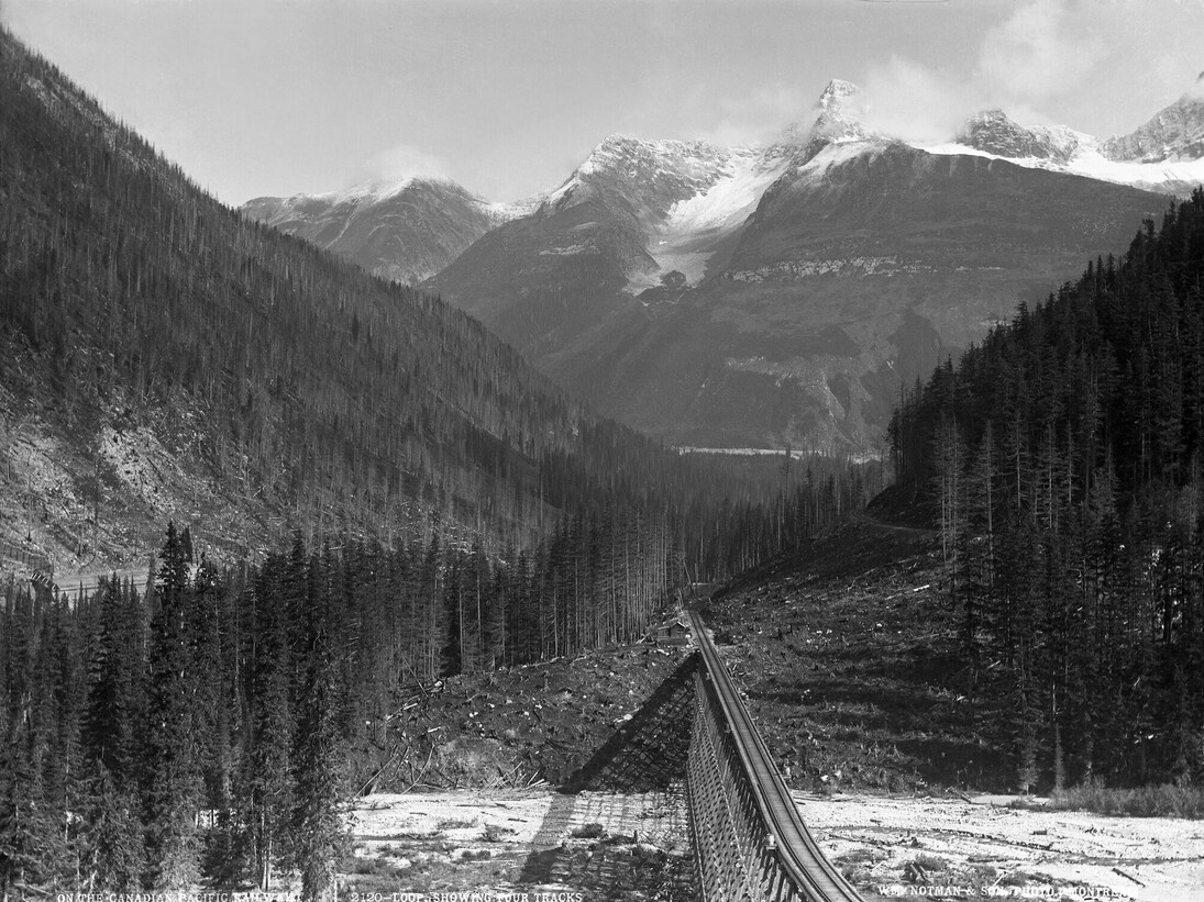 Loop showing four tracks on the Canadian Pacific Railway, B.C., 1889 Reversed glass plate negative ©McCord Museum
