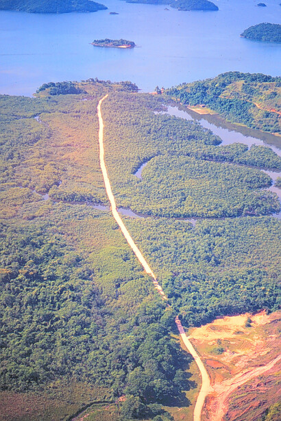 Estrada construída sobre manguezal ligando a rodovia rio-santos a empreendimento imobiliário chamado Ilha do Jorge, responsável pela supressão de grande parte do manguezal local