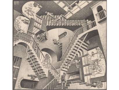 M.C. Escher, Relativity, 1953, Lithograph, 29.1 x 29.4 cm, Gemeentemuseum Den Haag. All M.C. Escher works copyright © The M.C. Escher Company B.V. -Baarn-the Netherlands. All rights reserved. www.mcescher.com