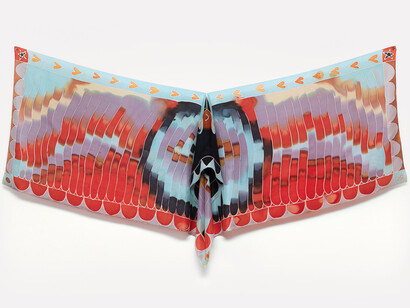 Bird Pretending to be a Moth Pretending to be a Sunrise (3), 2023. Dyed Habotai silk, 39 × 72 in. / 99.1 × 182.9 cm. Courtesy of Marlborough Gallery, New York