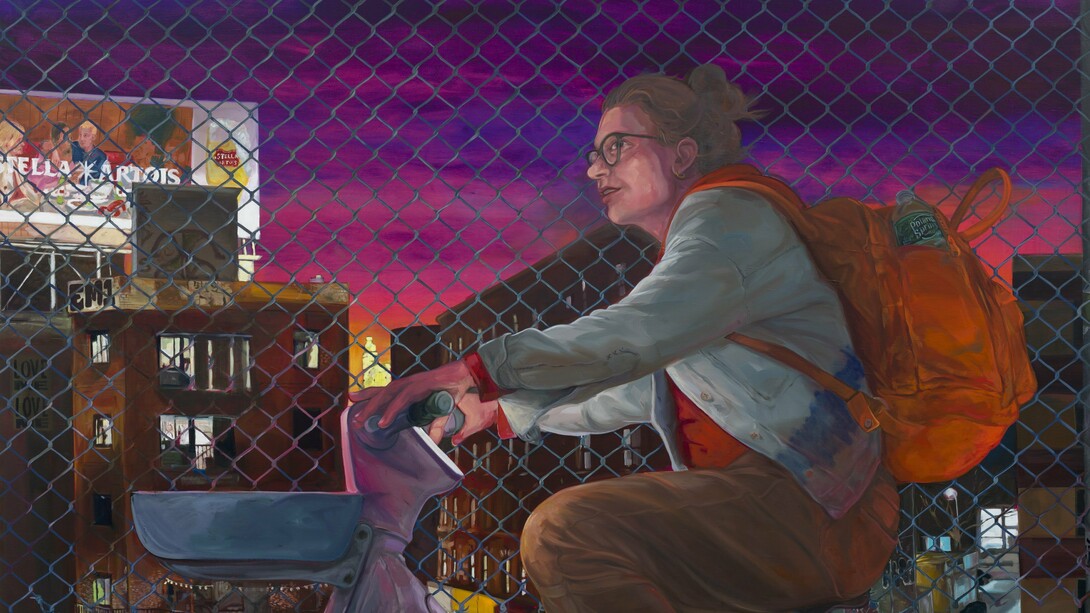 Rebecca Ness,
Crossing Manhattan Bridge (detail), 2023-2024,
Oil and oil pastel on linen,
100 x 70 inches / 254 x 177.8 cm. Courtesy of the artist and Jessica Silverman Gallery