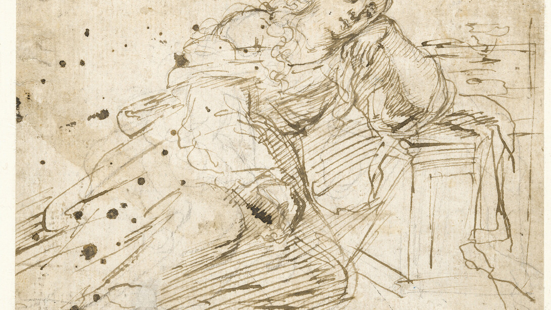 Estudio de Magdalena dormida sobre el sepulcro vacío de Cristo, Bartolomé Esteban Murillo, Pluma, sobre ligeros trazos de lápiz negro, 115 x 158 mm, h. 1655 - 1656, Hamburg, Hamburger Kunsthalle, Kupferstichkabinett © Hamburger Kunsthalle / bpk, Foto: Christoph Irrgang