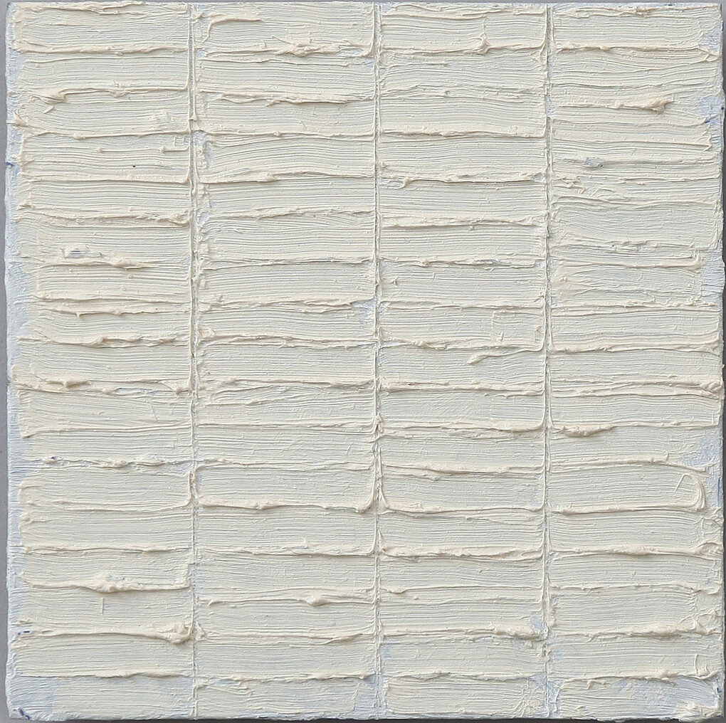 Tomas Rajlich, Untitled, 1966, white acrylic on panel, 17 × 17 cm.
Photo Bruno Bani 
Courtesy private collection
