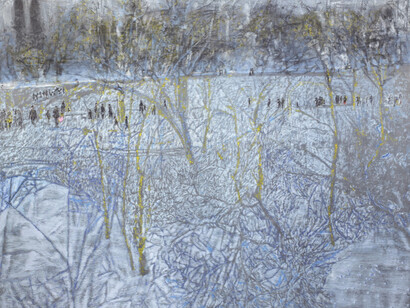 Ena Swansea, twilight snow in Central Park, 2017, oil and acrylic on graphite on linen, 228.6 x 289.6 cm. (90 x 114 in.)