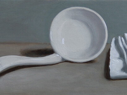 James Gillick, Porcelain Spoon & Linen Napkin (detail), Signed, Oil on gesso on linen over wood, 4.25 x 12.6ins (10.8 x 32cm) © James Gillick