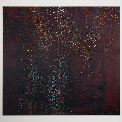 Diaz & Hengst, Cosmic Dance, 2023, ceramic on printed fabric, mixed media, 83.5x78x1.5 inches. Courtesy of Leila Heller Gallery