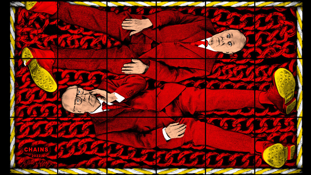 Gilbert & George, Chains, 2022, mixed media, 88.98x149.61 inches, © Gilbert & George. Courtesy the artists and Lehmann Maupin, New York, Hong Kong, Seoul, and London