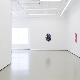 Katy Cowan, Tape drifts and figures reach, exhibition view. Courtesy of Philip Martin Gallery