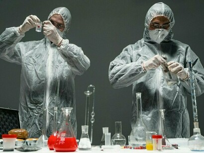 Scientists working with test tubes and chemical solutions, showing how science can be become a tool of harm