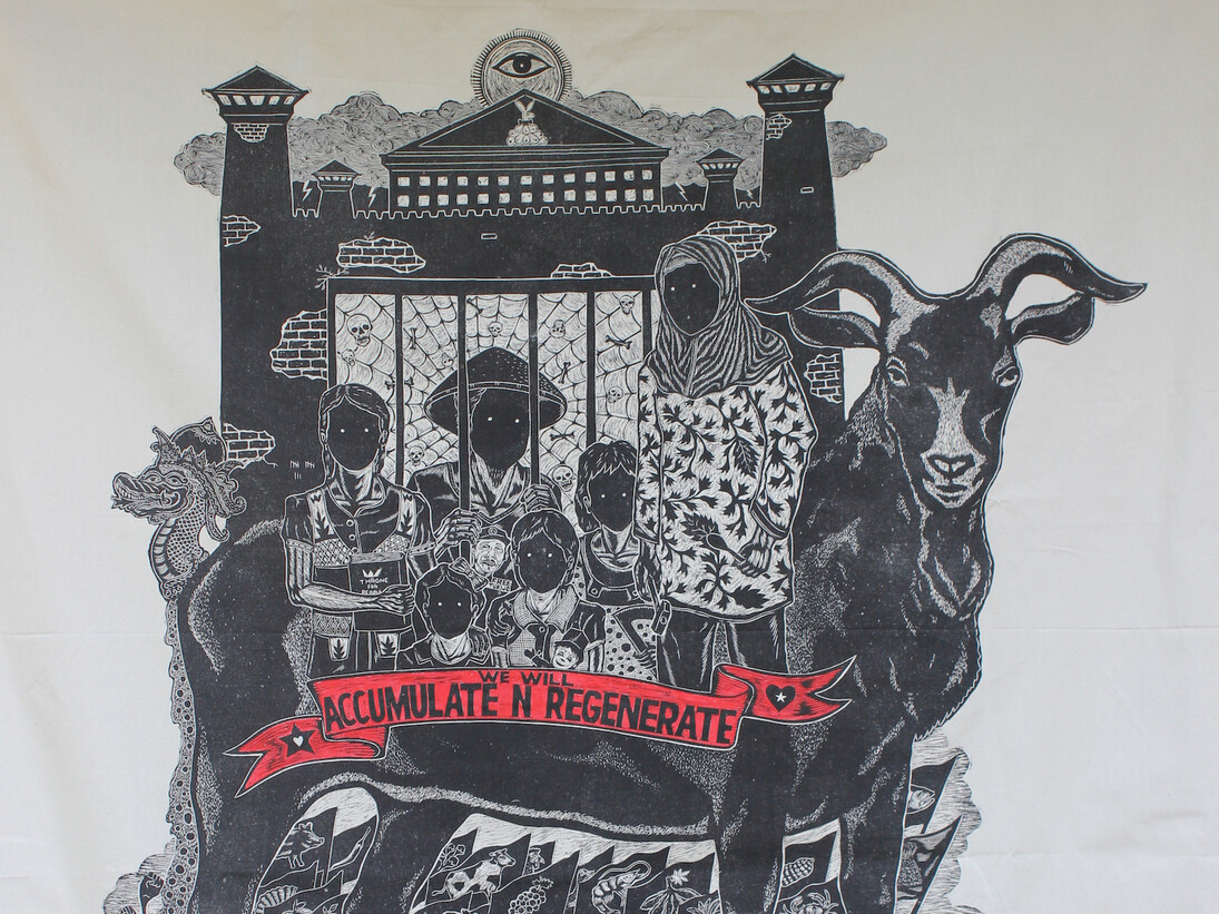 Muhammad “UCUP” Yusuf, Who’s Next, 2015, woodblock print on canvas, edition of 6 with 1 A.P., 51.2 x 51.2 inches/130 x 130 cm
Photo courtesy of Sundaram Tagore Gallery

