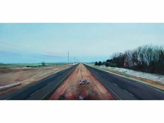 Nate Burbeck, “Near Worthington, Minnesota”, 20” by 42”, oil on canvas, 2013, Copyright: Nate Burbeck. Courtesy: Anna Zorina Gallery, New York City