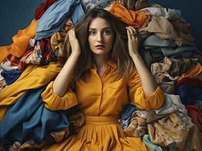 A woman amidst a pile of clothes, symbolizing our constant need to buy more of everything instead or reusing or repairing
