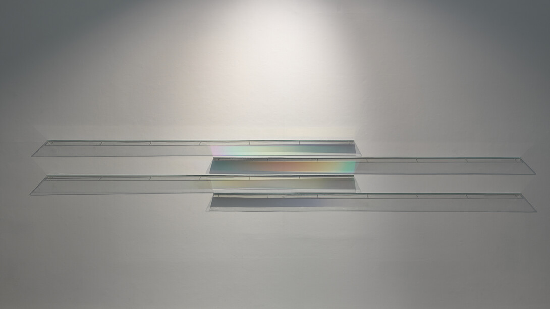 Gone but not Forgotten, 1969, Glass shelves coated with inconel, 4 shelves, each: 110 x 2 x 3/8 in. (279.4 x 5.1 x 0.6 cm)

