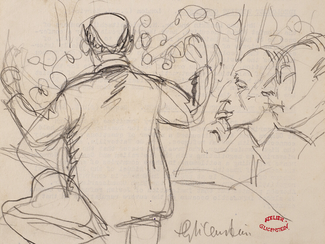 Enrico Glicenstein, Back of Conductor and Musicians, pencil on paper, 20.5 x 17, Ben Uri Collection 