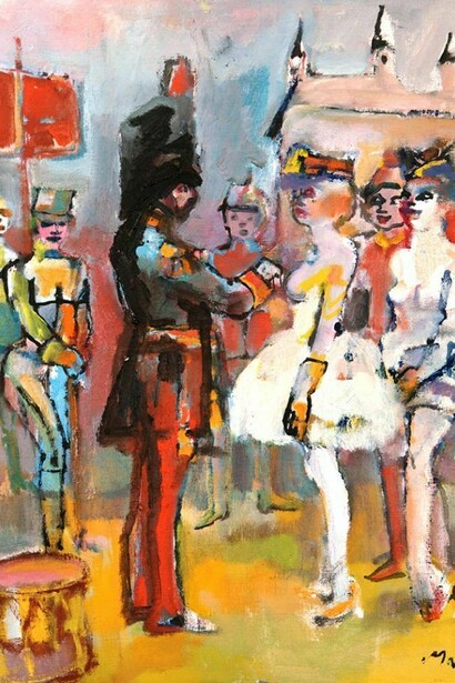 Mino Maccari, Militare con sei figure, 1962, olio su cartone telato