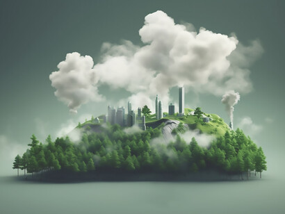 An image capturing a factory emitting CO2 pollution against a backdrop of lush greenery