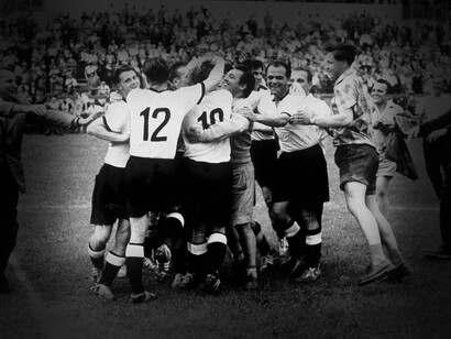1954 FIFA World Cup, the West Germany team celebrates the win in Switzerland
