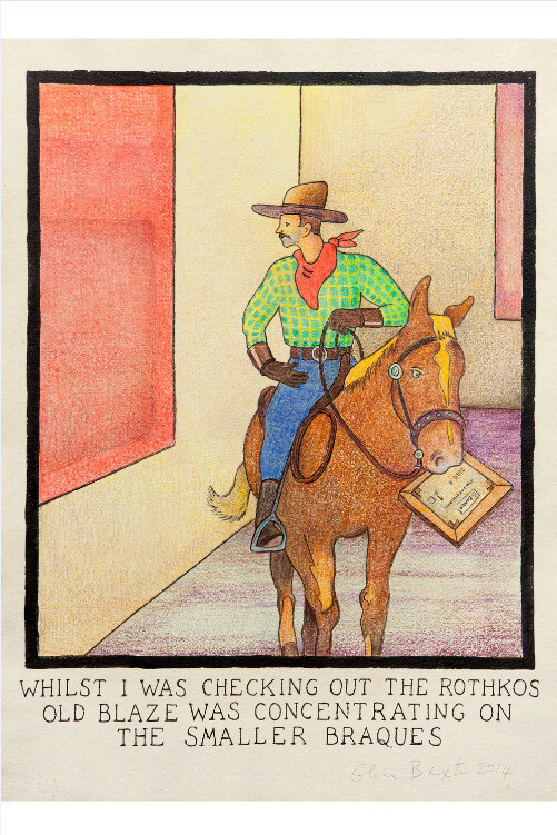 Glen Baxter, Whilst I was checking out the Rothkos Old Blaze was concentrating on the smaller Braques, 2014, Ink and crayon on paper, 80 x 58 cm / 31 1/2 x 22 7/8 inn, Courtesy of Flowers Gallery, London and New York