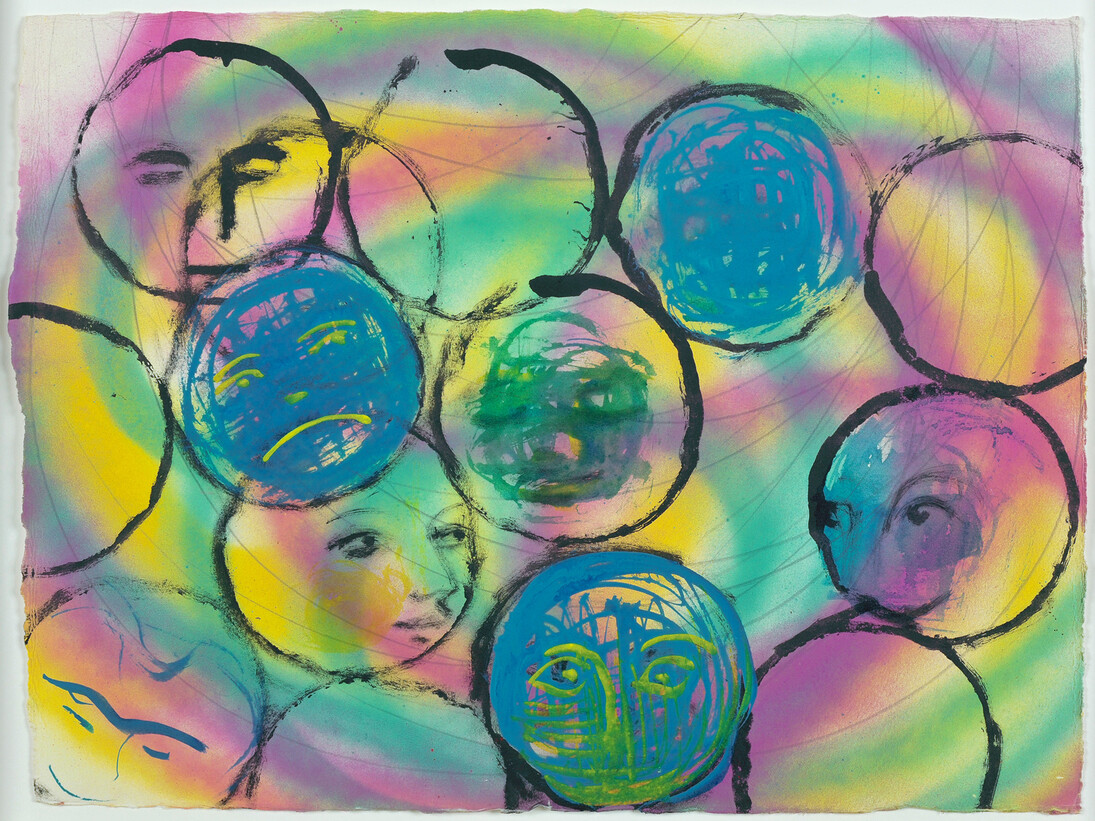 Lucy Stein, Rice Cake 1, 2014, spray paint, acrylic & ink on paper, 11 1/4 x 15 in/28.5 x 38 cm