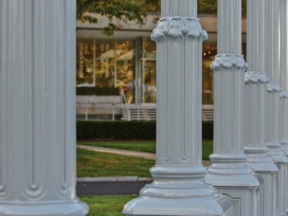 Chris Burden, Light of Reason, 2014. 24 restored cast-iron street lamps. Rose Art Museum Acquisition Fund, Gift of Monroe and Edith Geller and Russian Sale Gift, 2014.3. © Chris Burden. Charles Mayer Photography