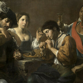 Valentin de Boulogne, Gathering in a Tavern (The Guileless Musician) , ca. 1623-1625, Oil on canvas, 96x133 cm, Département des Peintures, musée du Louvre, Paris © RMN-GP (musée du Louvre) / Tony Querrec.