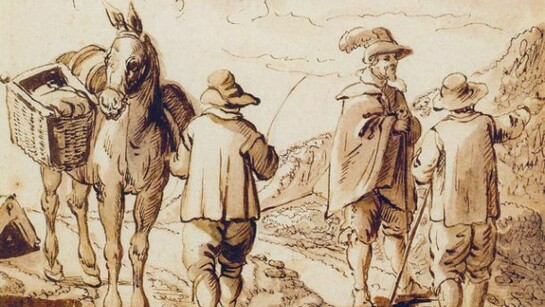 Jan Brueghel il Giovane, Incontro tra viaggiatori, 1630 ca. Acquerello bruno e inchiostro bruno su carta, 17×16,7 cm. Bruxelles, collezione privata