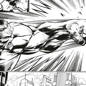 Una spettacolare doppia tavola in cui Hulk scaglia Iron Man a chilometri di distanza con uno dei suoi pugni. Il disegno è di Mark Bagley. Per gentile concessione di Anna Defrancesco comunicazione
