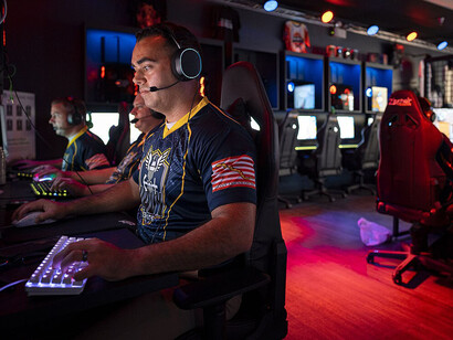The U.S. Navy esports team Goats & Glory competes in Valorant against Navy Talent Acquisition Group Mid America Future Sailors during an esports event at Kansas City Navy Week on June 29, 2021