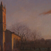 Maeve McCarthy: The Protestant Church, Winter, 2017 Tempera and oil on gesso panel, 22” x 24”. Courtesy of J. Cacciola Gallery W and the artist. 
