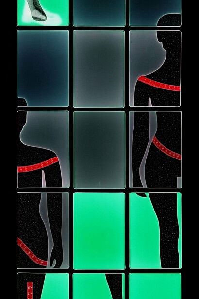 Sara Greenberger Rafferty,
An Audience (Green Variation) (detail), 2024,
Laminated Inkjet print,
80 × 36 inches. Courtesy of the artist and Document Chicago | Lisbon