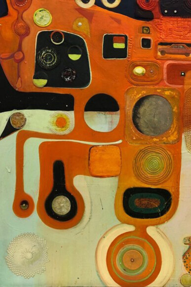 Sharon Horvath, Horse of Orange (detail), 2019. Pigment polymer, collage on paper mounted on canvas, 45 x 58 inches. Courtesy of Bookstein Projects