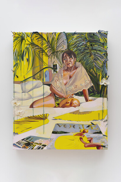 Gisela McDaniel,
Always Looking Out For You, 2023.
Oil on canvas, found object, sound,
40 x 50 x 5 1/2 in,
101.6 x 127 x 14 cm. Courtesy of the artist and Micki Meng Gallery