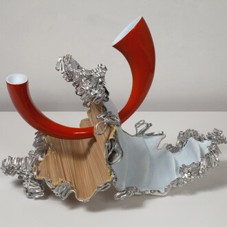 John Newman, Ask the fact for the form (red collapse), 2011, extruded aluminum, wood, Japanese paper, papier-mâché, wood putty, aqua resin, epoxy paste, acrylic and enamel paint, 18 x 24 x 12 inches