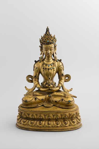 Amitayus, western Tibet, 17th century, gilded bronze inlaid in turquoise