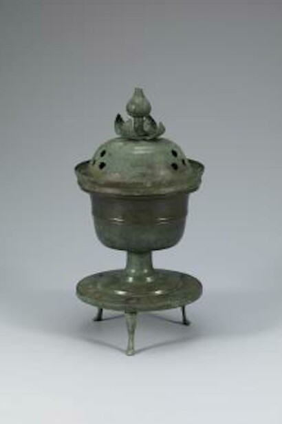Incense burner , Korea, Goryeo dynasty (918–1392), Bronze, H. 13 3/4 in. (35 cm), L.2016.43.8 . Jar with grape decoration, Korea, Joseon dynasty (1392–1910), 18th century