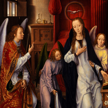 „Die Verkündigung“ (ca. 1465), Fragment. Hans Memling. Öl auf Holz (77X55 cm), Metropolitan Museum of Art, New York. Die Fenster - ein typisches Element der flämischen Maler wie z. B. Vermeer - im Hintergrund auf der linken Seite lassen den Betrachter vermuten, dass sich das Geschehen während des Tages abspielt