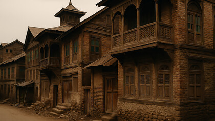 Traditional timber-framed houses line a quiet street in old Srinagar, showcasing Kashmir’s fading architectural heritage built from wood, stone, and centuries of craftsmanship